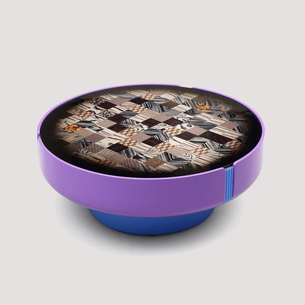 English Elm Modern Round Coffee Table Geometric Wood Veneer Inlay Sculptural Base Gloss Finish D1140121866