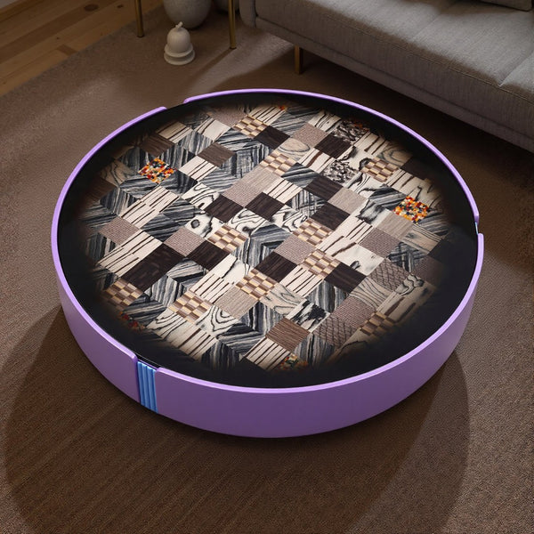 English Elm Modern Round Coffee Table Geometric Wood Veneer Inlay Sculptural Base Gloss Finish D1140121866