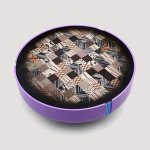 English Elm Modern Round Coffee Table Geometric Wood Veneer Inlay Sculptural Base Gloss Finish D1140121866