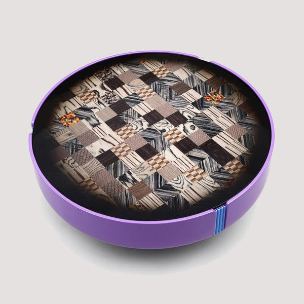 English Elm Modern Round Coffee Table Geometric Wood Veneer Inlay Sculptural Base Gloss Finish D1140121866