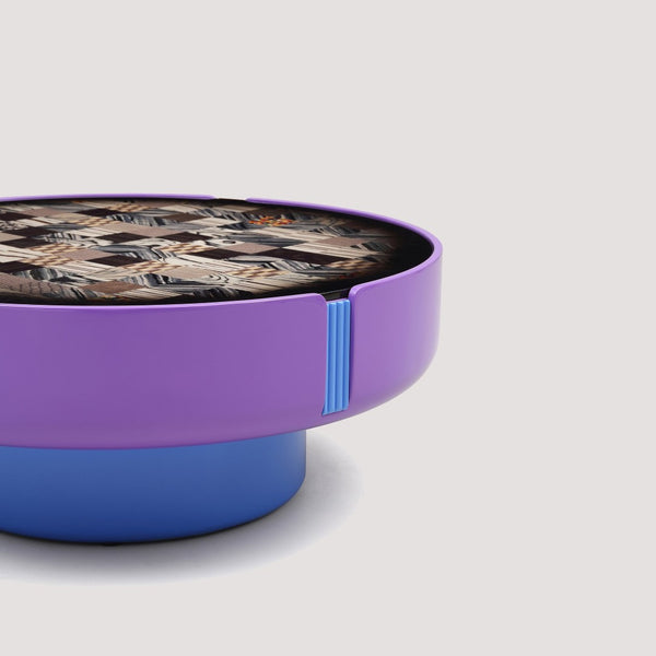 English Elm Modern Round Coffee Table Geometric Wood Veneer Inlay Sculptural Base Gloss Finish D1140121866