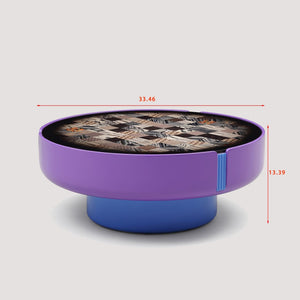 English Elm Modern Round Coffee Table Geometric Wood Veneer Inlay Sculptural Base Gloss Finish D1140121866