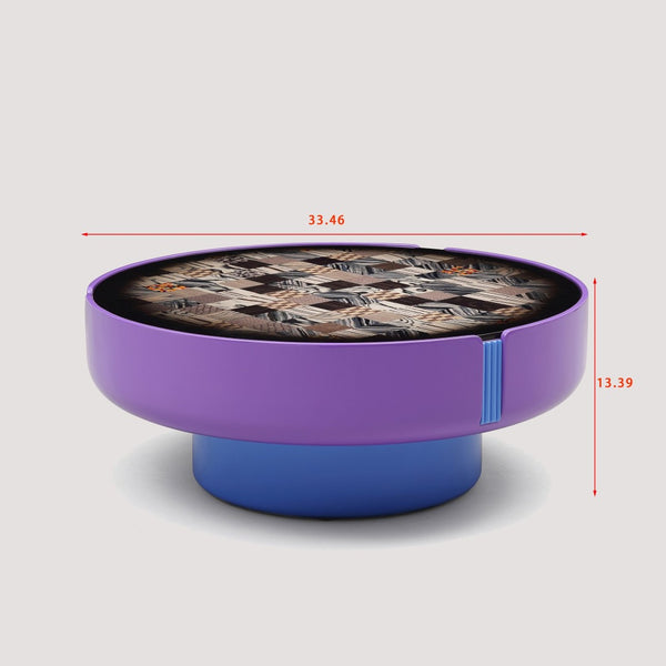 English Elm Modern Round Coffee Table Geometric Wood Veneer Inlay Sculptural Base Gloss Finish D1140121866