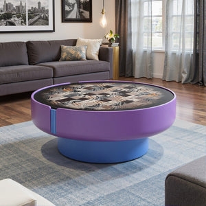 English Elm Modern Round Coffee Table Geometric Wood Veneer Inlay Sculptural Base Gloss Finish D1140121866
