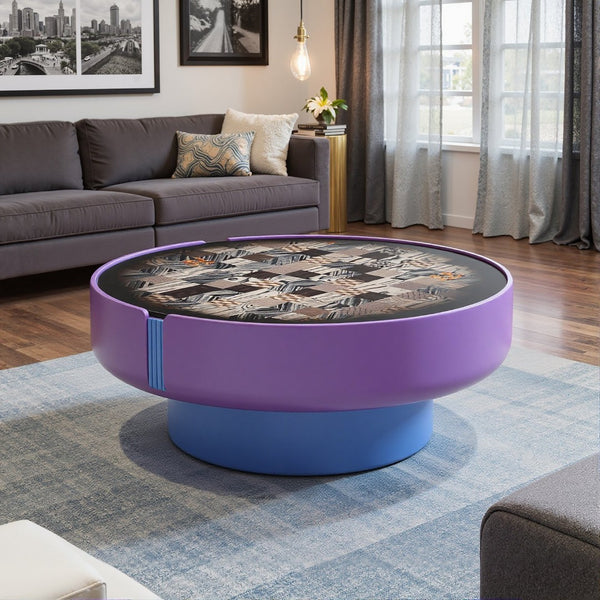 English Elm Modern Round Coffee Table Geometric Wood Veneer Inlay Sculptural Base Gloss Finish D1140121866