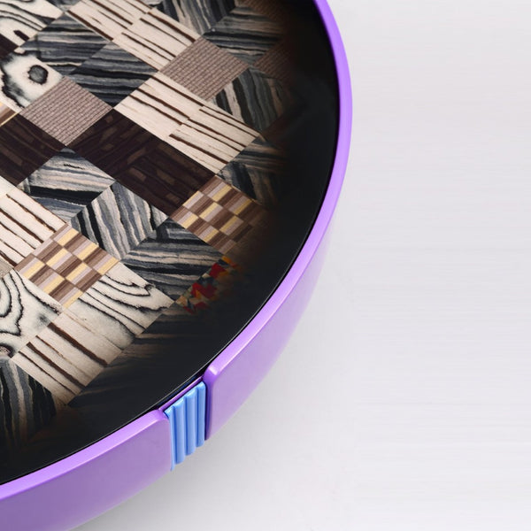 English Elm Modern Round Coffee Table Geometric Wood Veneer Inlay Sculptural Base Gloss Finish D1140121866
