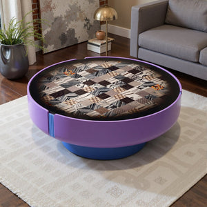 English Elm Modern Round Coffee Table Geometric Wood Veneer Inlay Sculptural Base Gloss Finish D1140121866