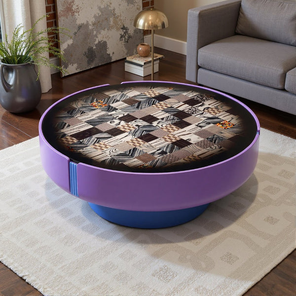 English Elm Modern Round Coffee Table Geometric Wood Veneer Inlay Sculptural Base Gloss Finish D1140121866