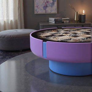 English Elm Modern Round Coffee Table Geometric Wood Veneer Inlay Sculptural Base Gloss Finish D1140121866
