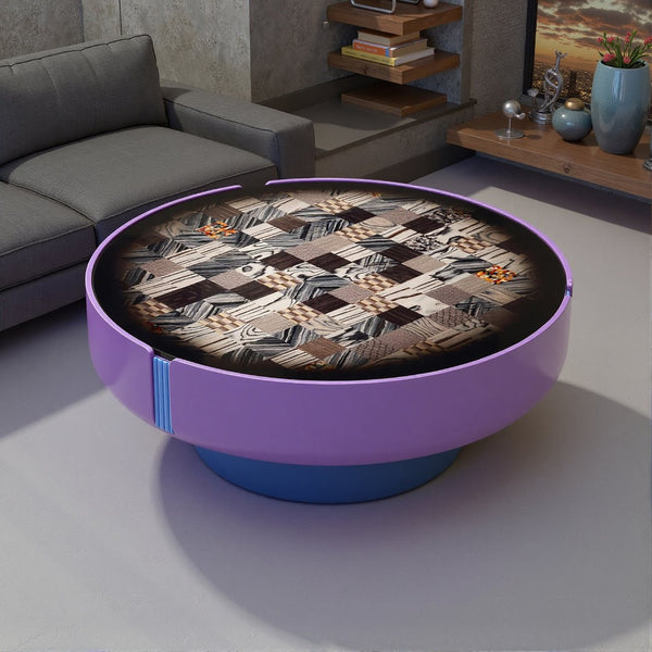 English Elm Modern Round Coffee Table Geometric Wood Veneer Inlay Sculptural Base Gloss Finish D1140121866
