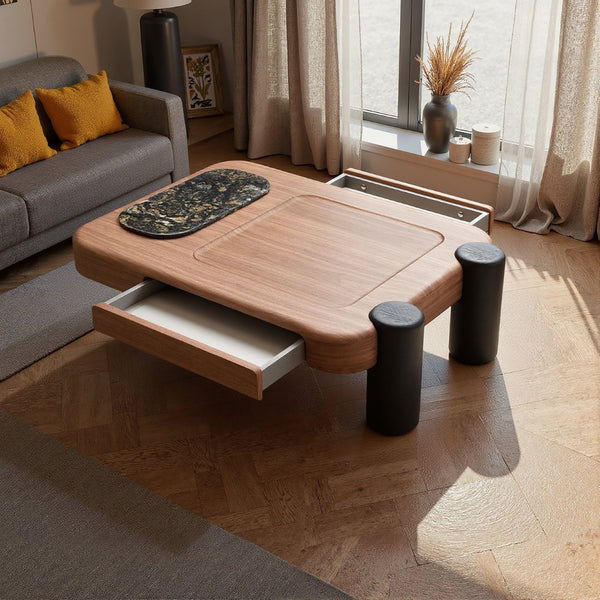 English Elm Modern Two-tone Wood Veneer Coffee Table with Marble Tray and Dual Storage Drawers D1140121867