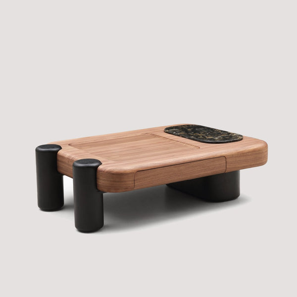 English Elm Modern Two-tone Wood Veneer Coffee Table with Marble Tray and Dual Storage Drawers D1140121867