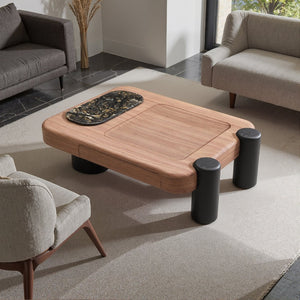English Elm Modern Two-tone Wood Veneer Coffee Table with Marble Tray and Dual Storage Drawers D1140121867