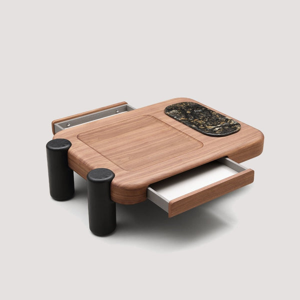 English Elm Modern Two-tone Wood Veneer Coffee Table with Marble Tray and Dual Storage Drawers D1140121867