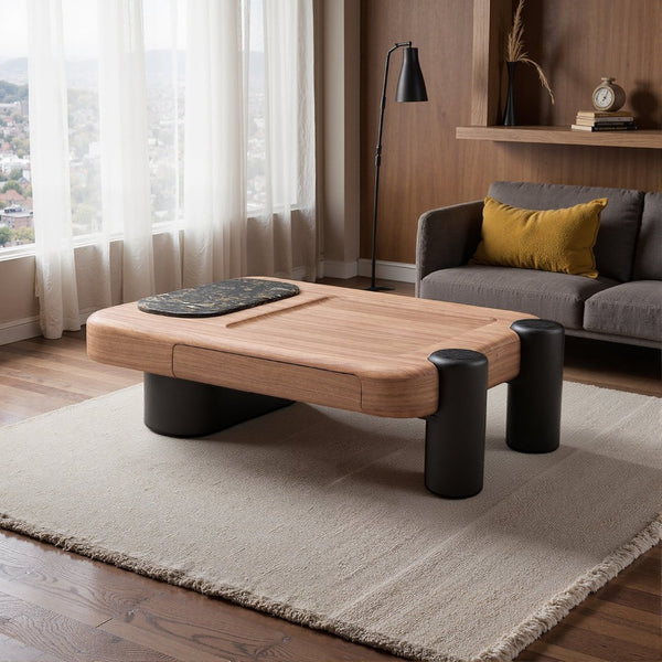 English Elm Modern Two-tone Wood Veneer Coffee Table with Marble Tray and Dual Storage Drawers D1140121867