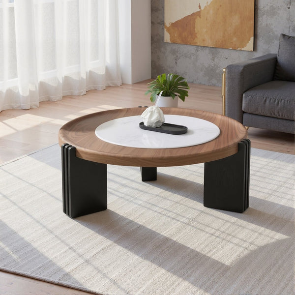 English Elm Modern Nesting Round Tables with Walnut Veneer and Stone Inlay for Living Room D1140121869