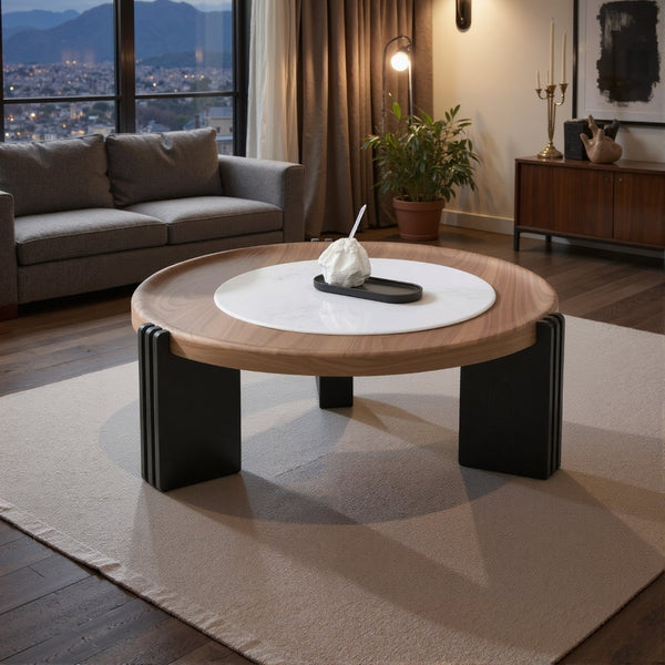 English Elm Modern Nesting Round Tables with Walnut Veneer and Stone Inlay for Living Room D1140121869