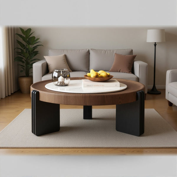 English Elm Modern Nesting Round Tables with Walnut Veneer and Stone Inlay for Living Room D1140121869