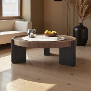 English Elm Modern Nesting Round Tables with Walnut Veneer and Stone Inlay for Living Room D1140121869
