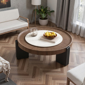 English Elm Modern Nesting Round Tables with Walnut Veneer and Stone Inlay for Living Room D1140121869
