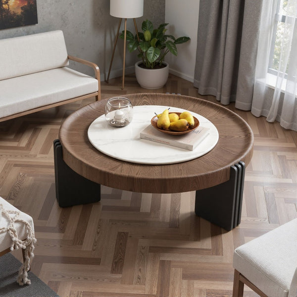 English Elm Modern Nesting Round Tables with Walnut Veneer and Stone Inlay for Living Room D1140121869