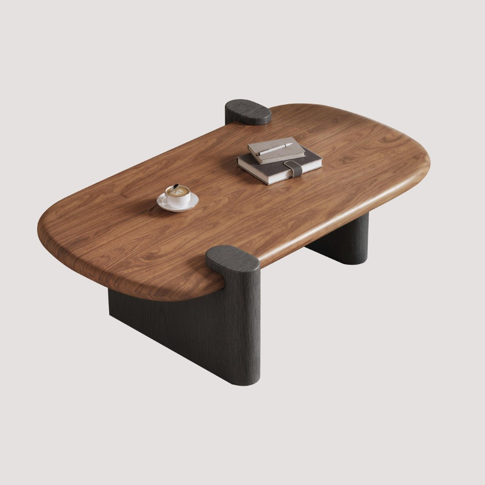 English Elm Modern Walnut Veneer Rectangular Coffee Table with Matte Black Base for Living Rooms D1140121873