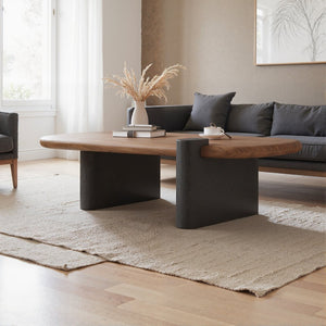 English Elm Modern Walnut Veneer Rectangular Coffee Table with Matte Black Base for Living Rooms D1140121873
