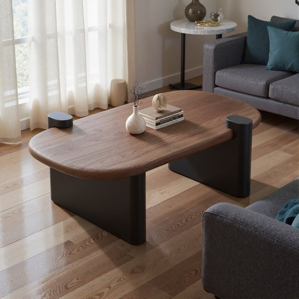 English Elm Modern Walnut Veneer Rectangular Coffee Table with Matte Black Base for Living Rooms D1140121873