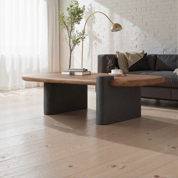 English Elm Modern Walnut Veneer Rectangular Coffee Table with Matte Black Base for Living Rooms D1140121873