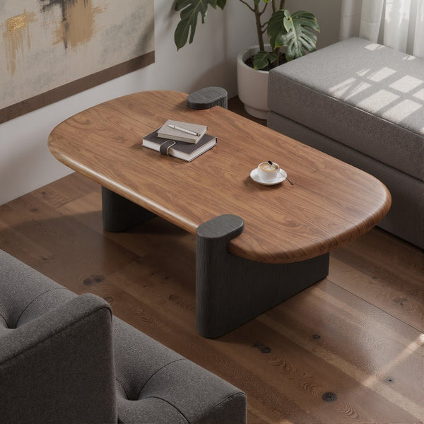 English Elm Modern Walnut Veneer Rectangular Coffee Table with Matte Black Base for Living Rooms D1140121873