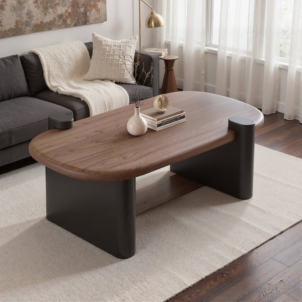 English Elm Modern Walnut Veneer Rectangular Coffee Table with Matte Black Base for Living Rooms D1140121873