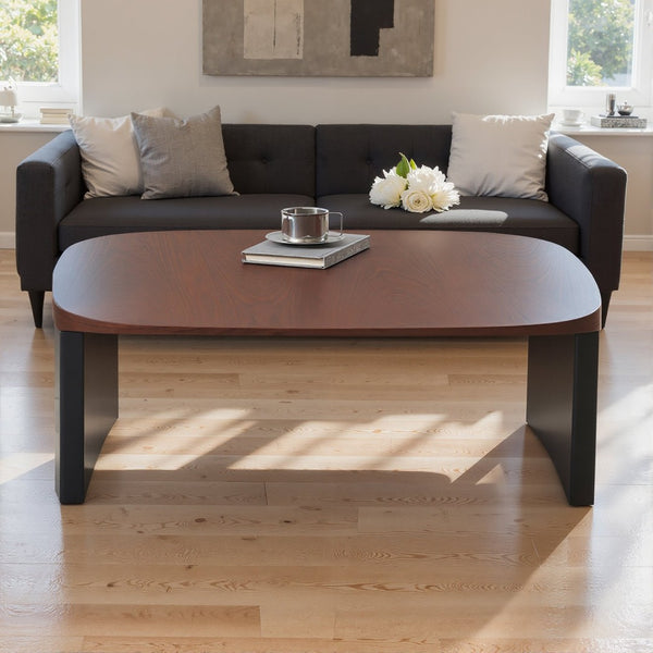 English Elm Modern Walnut Veneer Square Coffee Table with Contrasting Black Legs for Living Rooms D1140121875