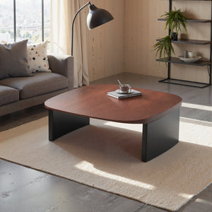 English Elm Modern Walnut Veneer Square Coffee Table with Contrasting Black Legs for Living Rooms D1140121875