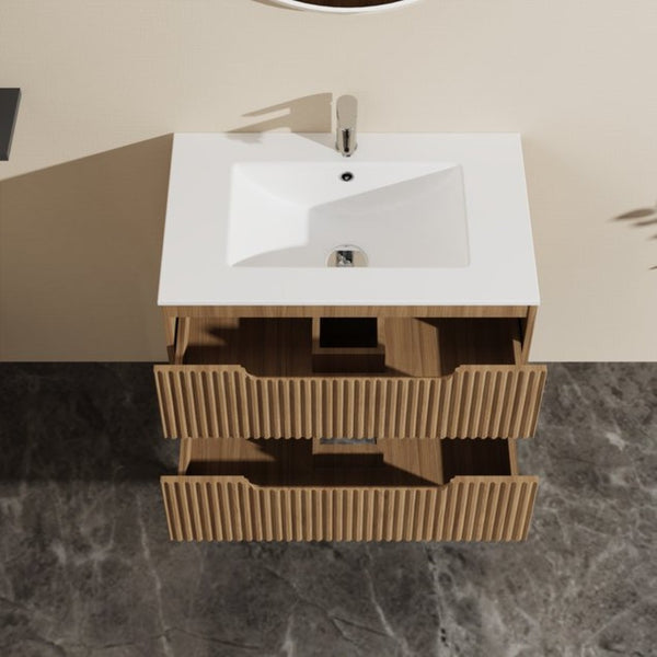 English Elm 30" Floating Bathroom Vanity Walnut Finish Soft Close Drawers Mid-century Modern Style D163096362