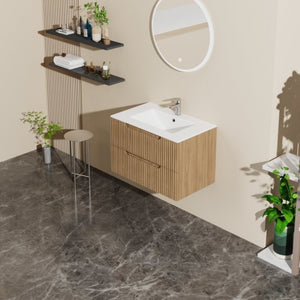 English Elm 30" Floating Bathroom Vanity Walnut Finish Soft Close Drawers Mid-century Modern Style D163096362