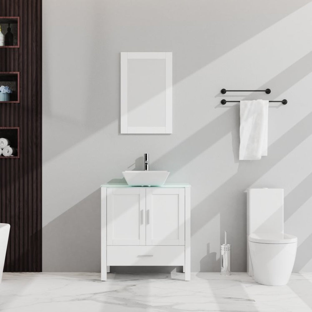 English Elm Goodyo 30 Inch Bathroom Vanity with Tempered Glass Top Frameless Mirror Mdf Cabinet D16373886