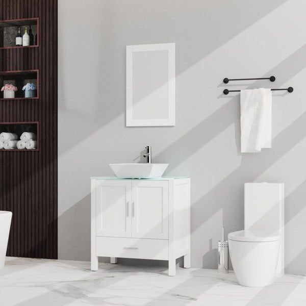 English Elm Goodyo 30 Inch Bathroom Vanity with Tempered Glass Top Frameless Mirror Mdf Cabinet D16373886
