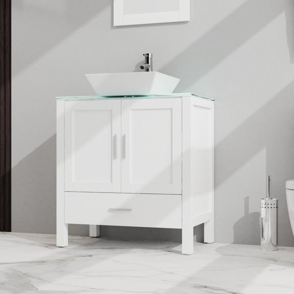 English Elm Goodyo 30 Inch Bathroom Vanity with Tempered Glass Top Frameless Mirror Mdf Cabinet D16373886