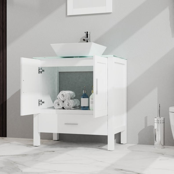 English Elm Goodyo 30 Inch Bathroom Vanity with Tempered Glass Top Frameless Mirror Mdf Cabinet D16373886