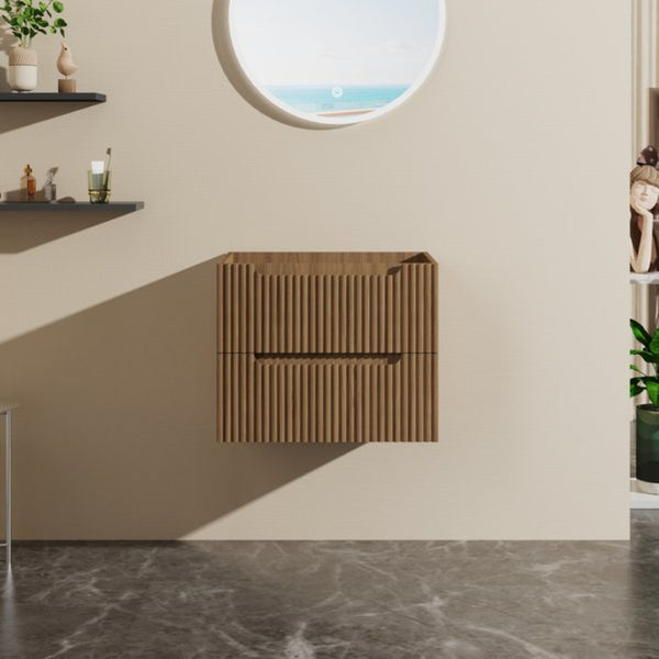 English Elm Goodyo Floating Bathroom Vanity Walnut Grain Laminate Mid-Century Grille Two Drawers D16392630