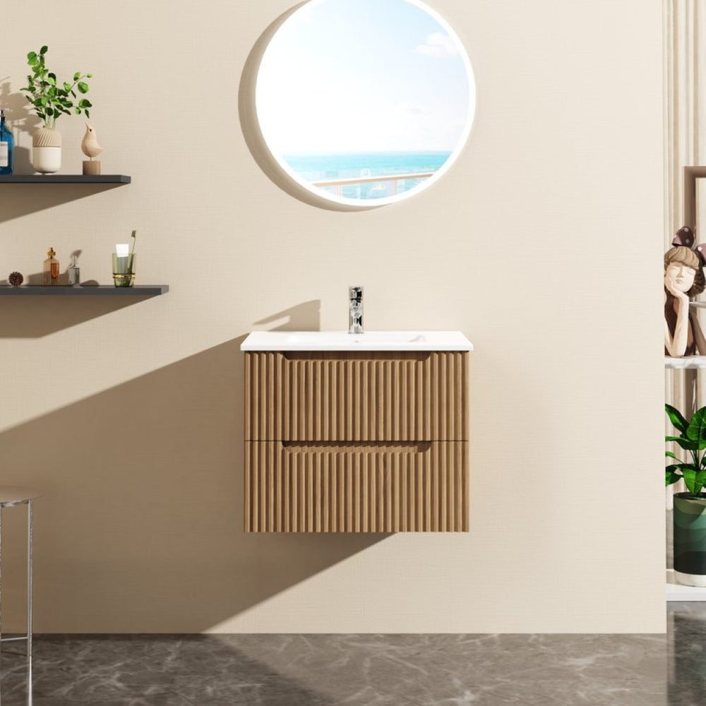 English Elm Goodyo Floating Bathroom Vanity Walnut Grain Laminate Mid-Century Grille Two Drawers D16392630