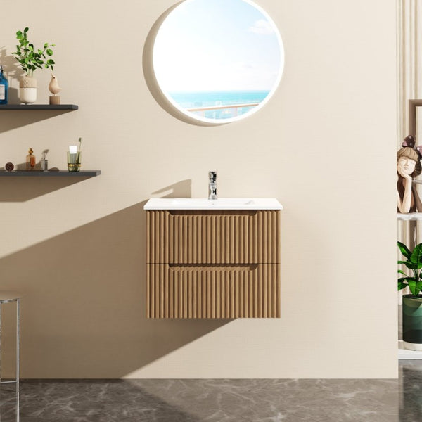 English Elm Goodyo Floating Bathroom Vanity Walnut Grain Laminate Mid-Century Grille Two Drawers D16392630