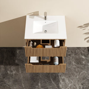 English Elm Goodyo Floating Bathroom Vanity Walnut Grain Laminate Mid-Century Grille Two Drawers D16392630