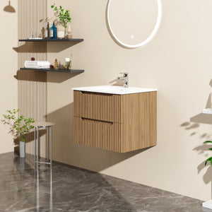 English Elm Goodyo Floating Bathroom Vanity Walnut Grain Laminate Mid-Century Grille Two Drawers D16392630