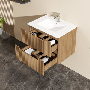English Elm Goodyo Floating Bathroom Vanity Walnut Grain Laminate Mid-Century Grille Two Drawers D16392630