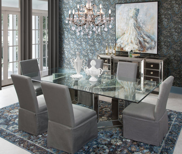 Basset Mirror Murano Dining Table - Elegant Glam With Antiqued Mirror Panels & Silver Leaf Detail For Modern Charm Silver Poplar ,Mdf D2624-600-909