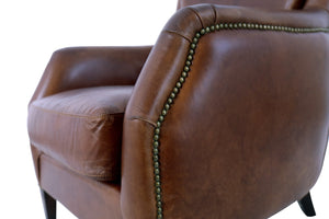 Pasargad Home Baker Wing Chair - Vintage Cigar Brown Leather With Elegant Dark Wood Legs Brown Leather Chair-900
