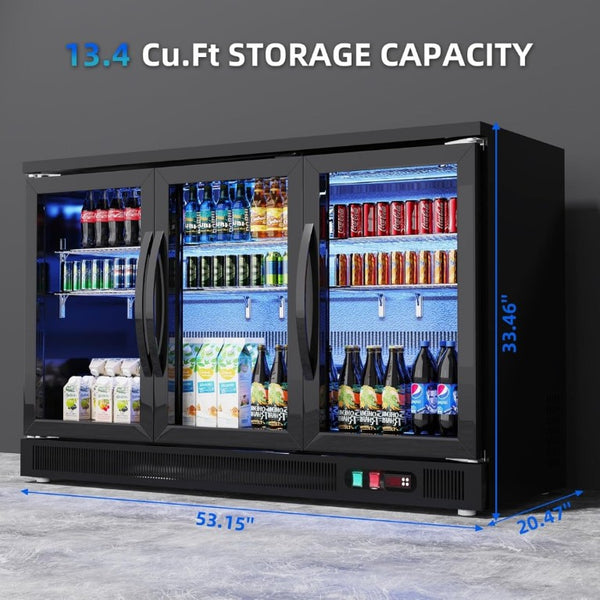 English Elm Back Bar Cooler 13.4 Cu Ft Under Counter Commercial Fridge with Triple Glass Doors D858098809