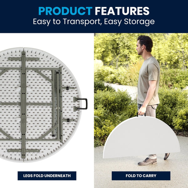 English Elm Freeman 4-Foot Round Bi-Fold Folding Table – Durable, Portable, Stain Resistant with Carry Handle DAD-122RZ-GG