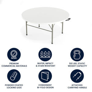 English Elm Scarborough 5-Foot Round Folding Table - Durable, Portable, Easy-Clean Surface for Events & Home Use DAD-154Z-GG